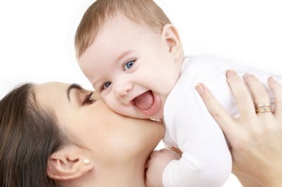 picture of happy mother with baby over white